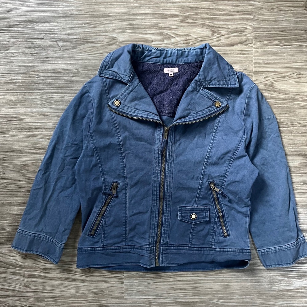 Sashimi Womens Blue Cotton Canvas Moto Jacket Lace Lined Full Zip Size M